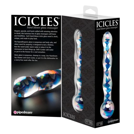 Icicles No. 08 - hullámos, kétvégű, üveg dildó (átlátszó-kék)