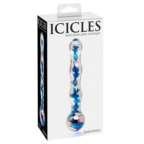 Icicles No. 08 - hullámos, kétvégű, üveg dildó (átlátszó-kék)