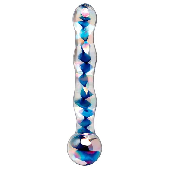Icicles No. 08 - hullámos, kétvégű, üveg dildó (átlátszó-kék)