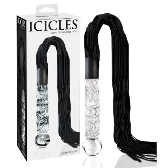 Icicles No. 38 - bőr korbács és üveg dildó (átlátszó-fekete)
