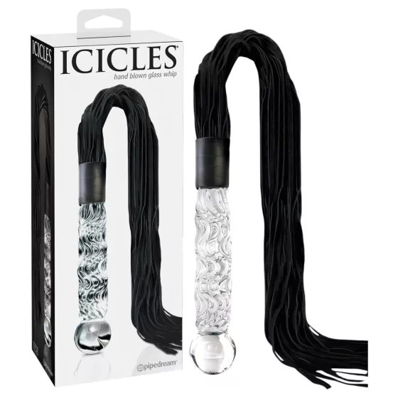 Icicles No. 38 - bőr korbács és üveg dildó (átlátszó-fekete)