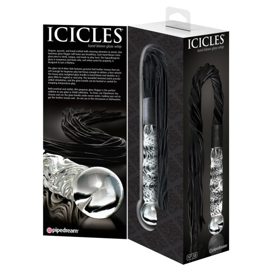 Icicles No. 38 - bőr korbács és üveg dildó (átlátszó-fekete)