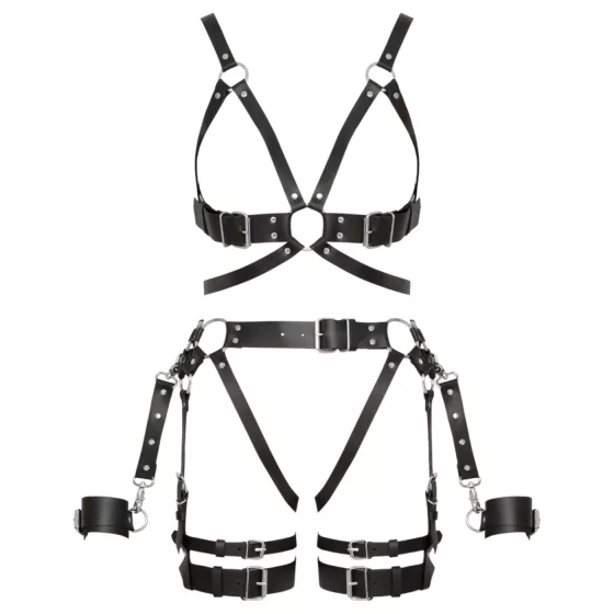 ZADO - többrészes bőr harness szett bilinccsel (fekete)