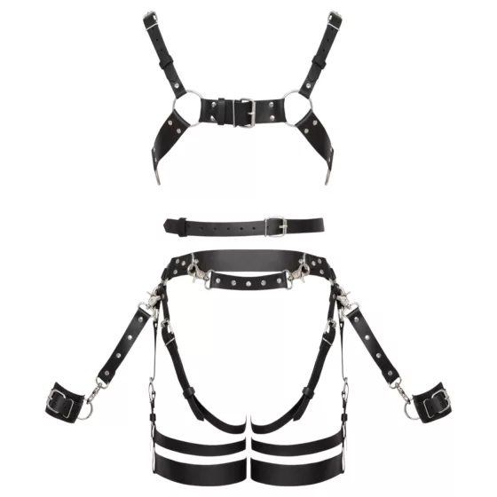 ZADO - többrészes bőr harness szett bilinccsel (fekete)