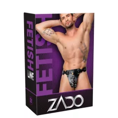   ZADO - fekete bőr erényöv tanga férfiaknak, 2 lakattal (S-2XL)