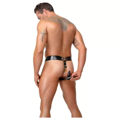   ZADO - fekete bőr erényöv tanga férfiaknak, 2 lakattal (S-2XL)