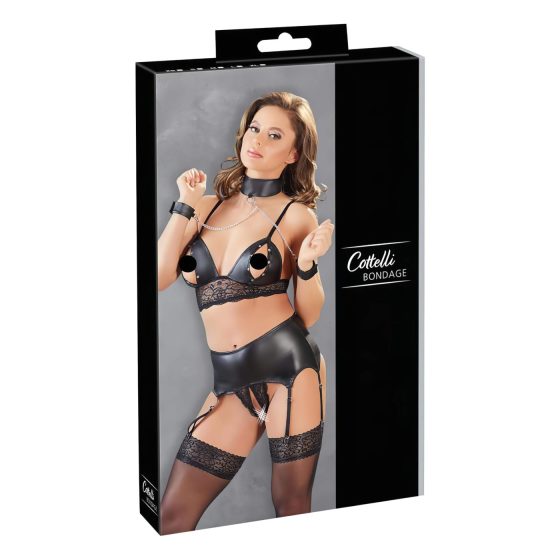 Cottelli Bondage - csipkés fényes fehérnemű szett (4 részes)