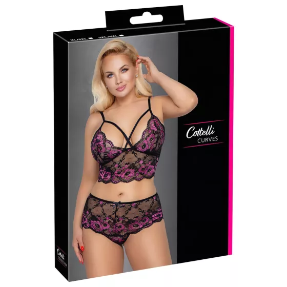 / Cottelli Plus Size - virágos melltartó szett (fekete-lila)