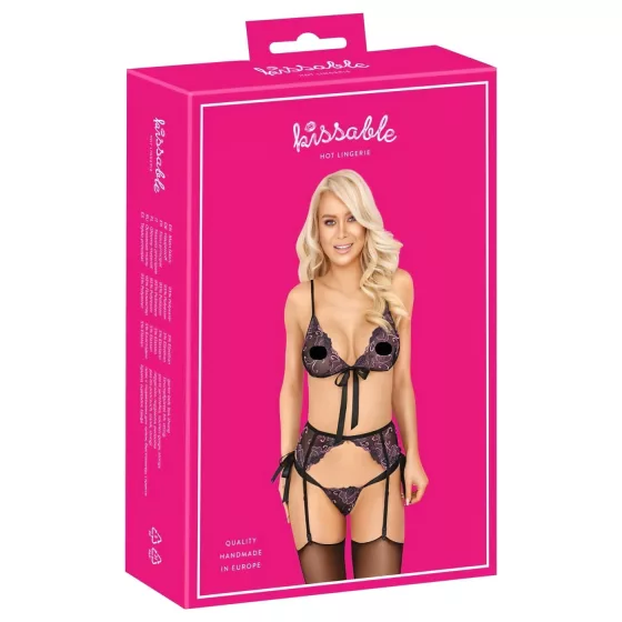 / Kissable - pink-lila hímzéses melltartó szett (fekete)