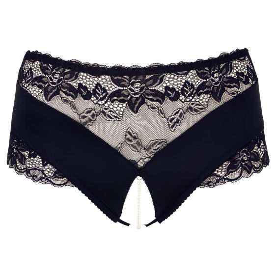 Cottelli Plus Size - csipkés gyöngyös nyitott bugyi (fekete)
