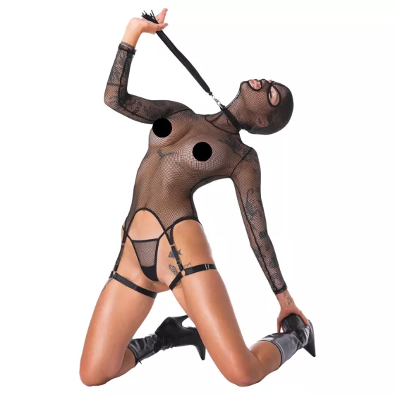 Bad Kitty - BDSM áttetsző necc szett korbáccsal (fekete)