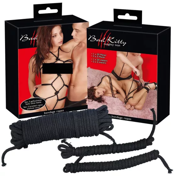 Bad Kitty - bondage kötél szett (20 m + 2x3m, fekete)