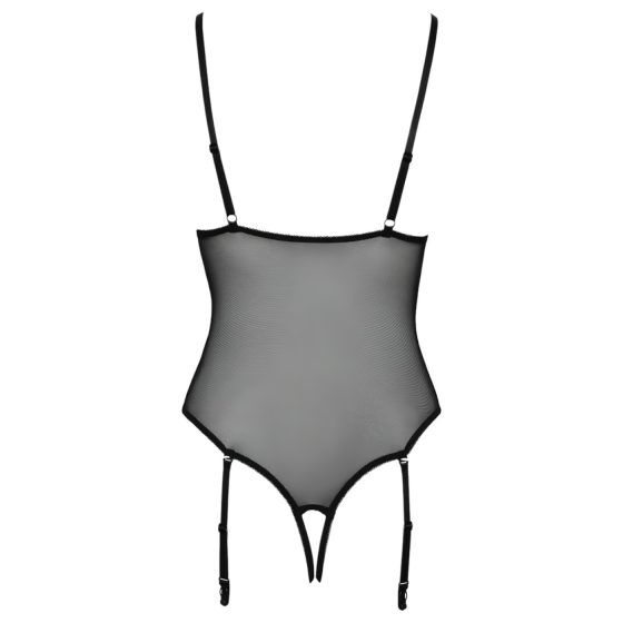 Cottelli - harisnyatartós, csipkés nyitott body (fekete)