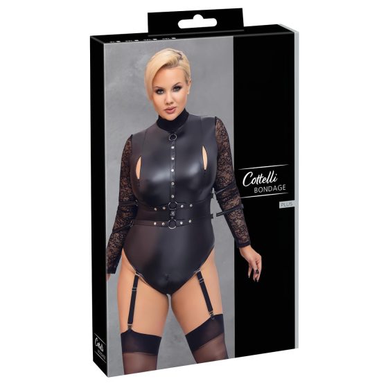 / Cottelli Bondage Plus Size - csipkésujjú body (fekete)