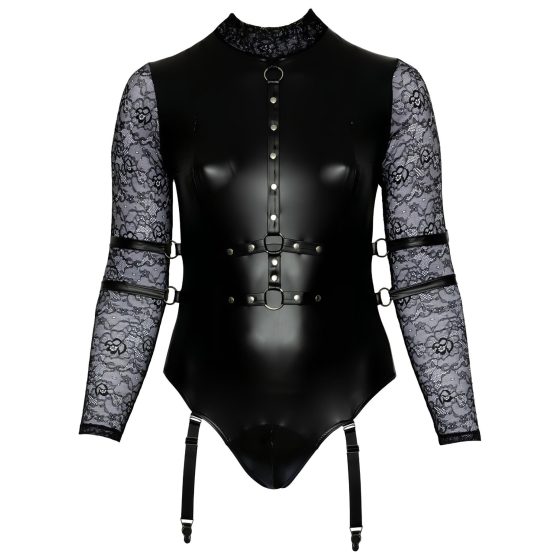 / Cottelli Bondage Plus Size - csipkésujjú body (fekete)