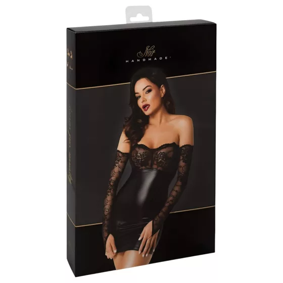 / Noir - fényes ruha csipke berakással (fekete)