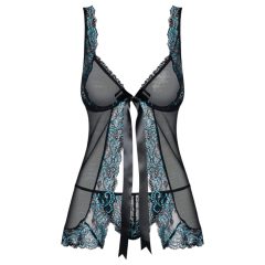   Obsessive Amanta - hímzett babydoll és tanga (fekete-türkiz)