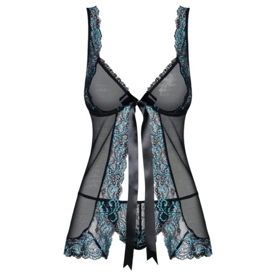 Obsessive Amanta - hímzett babydoll és tanga (fekete-türkiz)