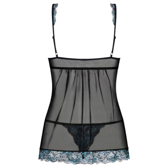 Obsessive Amanta - hímzett babydoll és tanga (fekete-türkiz)