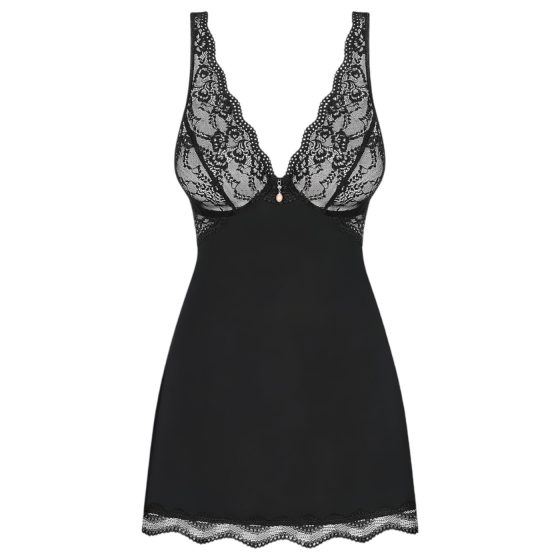 Obsessive Luvae - virágos, strasszos hálóing és tanga (fekete)