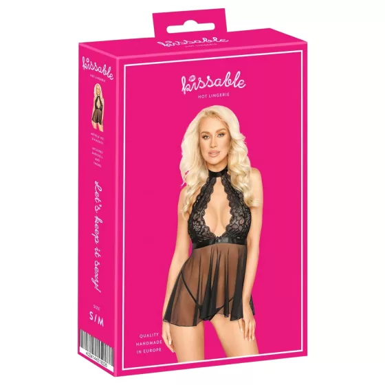 / Kissable - nyakpántos, csipke babydoll (fekete)