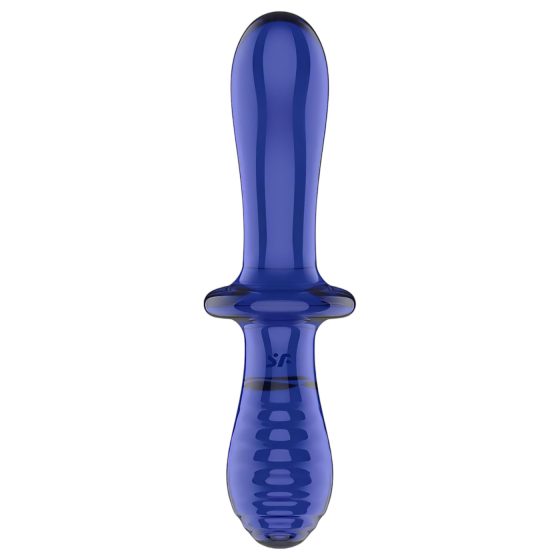 Satisfyer Double Crystal - kétvégű üveg dildó (kék)