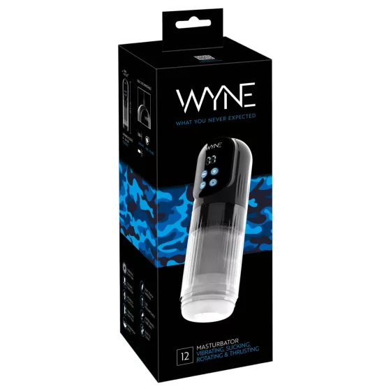 WYNE 12 - szívó, forgó és vibráló akkus maszturbátor (fekete)