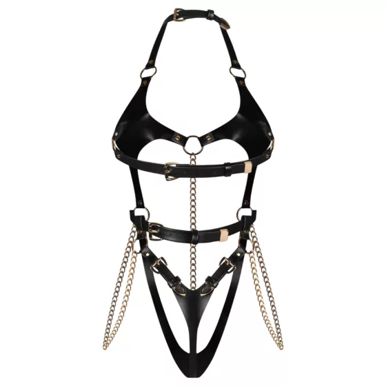 Obsessive Anyya - láncos bőrhatásű pántos body (fekete)
