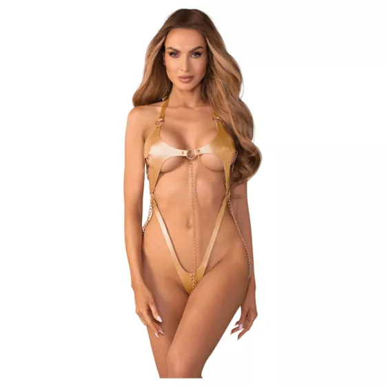 Obsessive Anyya - láncos bőrhatásű pántos body (arany)