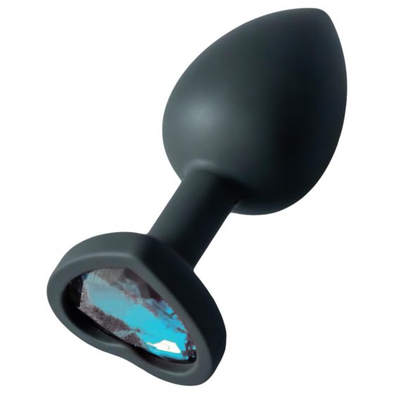 Sunfo - szilikon anál plug szív alakú kék kővel (fekete)