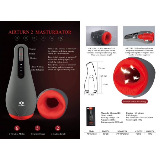 OTOUCH Airturn 2 - akkus szívó maszturbátor (fekete)