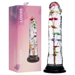   LOVISS Flower - virágmintás, hőtartó üveg dildó (átlátszó)
