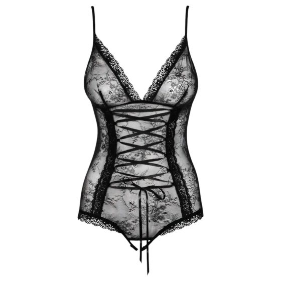 / Obsessive Slevika - elöl fűzős, nyitott csipke body (fekete)